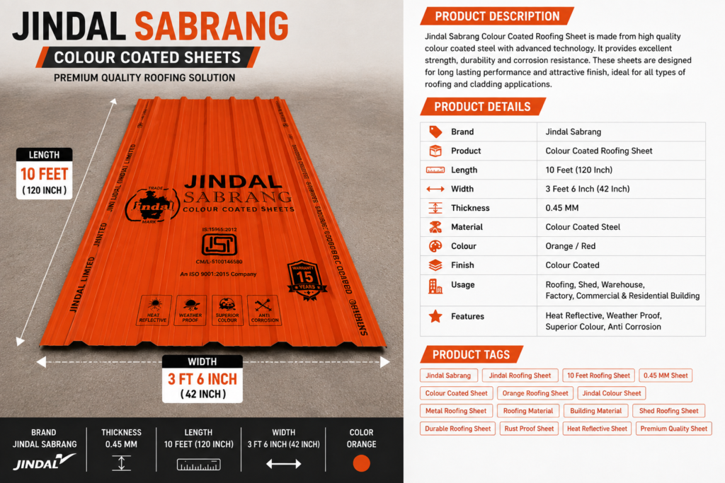 10 Feet Jindal Sabrang Colour Coated Roofing Sheet 0.45 MM