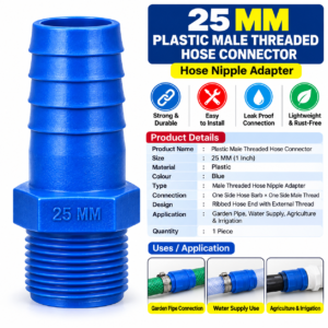 25 MM Plastic Male Threaded Hose Connector – Blue | Hose Nipple Adapter
