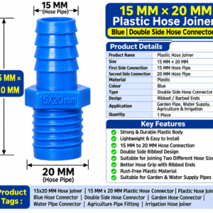 15 MM × 20 MM Plastic Hose Joiner – Blue | Double Side Hose Connector
